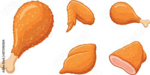 Vector illustration set of five crispy fried chicken pieces featuring drumsticks a wing a breast and a sliced section
