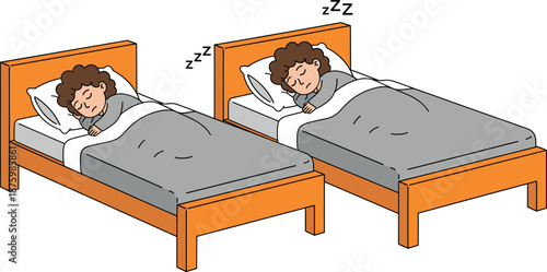 Vector illustration set of a curly haired character sleeping peacefully in a wooden bed with a grey blanket