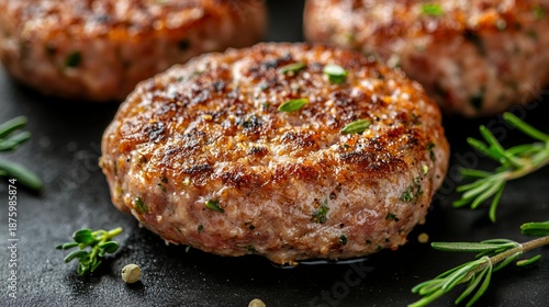 A perfectly seared German frikadelle patty seasoned with herbs