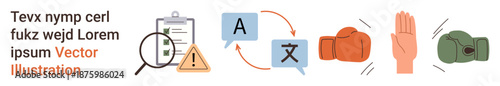 Communication, translation, conflict, language services, problem-solving, non-verbal cues. Includes magnifying glass, clipboard language symbols boxing gloves and hand stop gesture. Communication