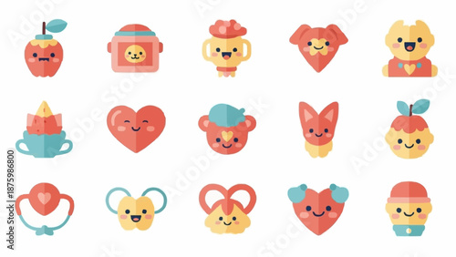 Collection of cute cartoon baby toys and objects with faces.