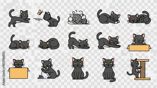 Collection of cute cartoon black cat illustrations in various poses.