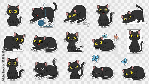 Collection of cute cartoon black cat stickers in various poses.