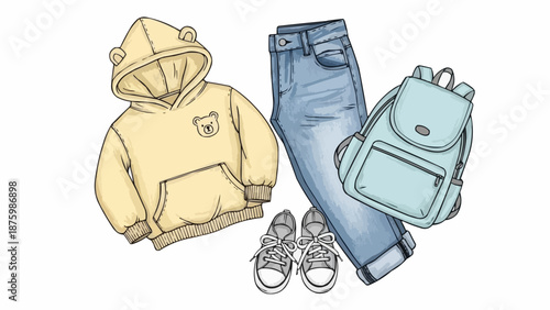 Childrens casual outfit with hoodie jeans and backpack.