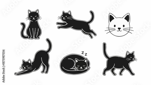 Collection of Cute Black Cat Illustrations in Various Poses.