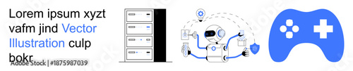 Digital technology, gaming, AI integration, cybersecurity, data storage, innovation. Server rack, robot interacting with icons and gaming controller. Digital technology and gaming concept