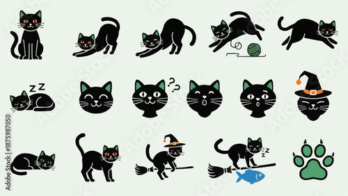 Collection of cute black cat illustrations in various poses and activities.