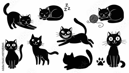Collection of cute black cat illustrations in various poses and activities.