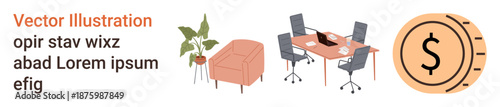 Financial planning, business growth, workspace organization, economic concepts, entrepreneurship, modern office work. Office setup with furniture, plant and a coin icon. Financial planning