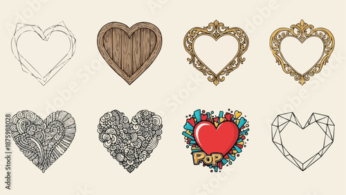 Collection of eight unique heart shapes and frames.