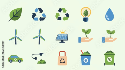 Collection of environmental icons for sustainability and recycling.