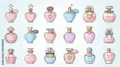 Collection of elegant perfume bottles in various shapes and colors.