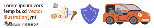 Cybersecurity, e-commerce safety, fraud prevention, online transactions, consumer safety, data protection. A shield icon with money, vehicle and alert elements. Cybersecurity and fraud prevention
