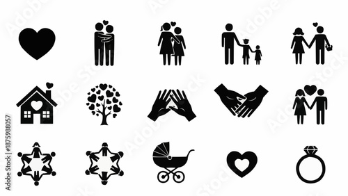 Collection of Family and Love Icons Representing Relationships and Home.