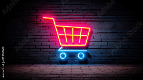 Wallpaper Mural Cyber monday neon shopping cart sign glowing on black brick wall for online sales promotions Torontodigital.ca
