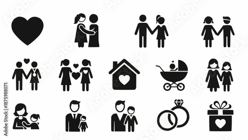 Collection of Family Icons Representing Love and Relationships.