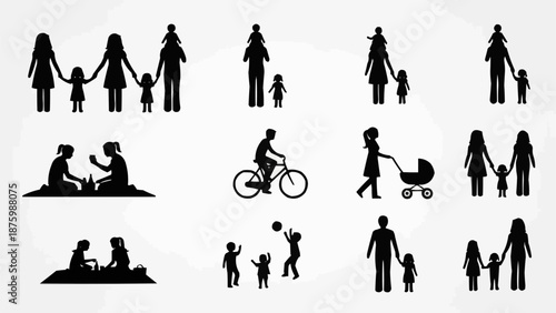 Collection of Family Silhouettes Engaged in Various Activities.