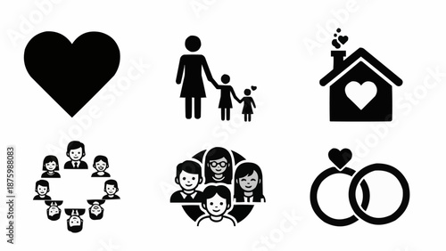 Collection of family and relationship icons representing love and home.