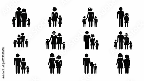 Collection of Family Silhouettes Icons Representing Different Family Units.
