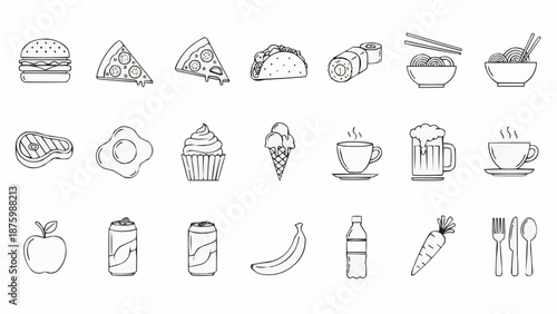 Collection of hand drawn food and drink icons in sketch style.