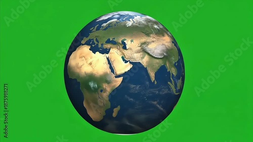 High-angle view of a realistic Earth model against a solid green background with a white lower section.