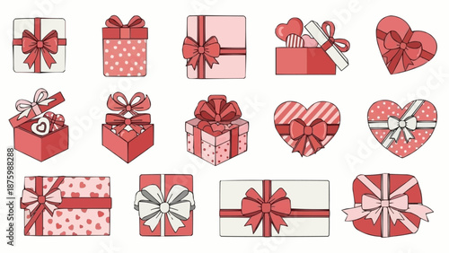 Collection of Hand Drawn Gift Boxes and Hearts in Red Tones.