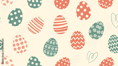 Seamless background pattern with colorful hand drawn easter eggs featuring various textures like dots and stripes on a light cream surface.
