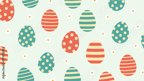 Seamless easter egg pattern with colorful striped and polka dot eggs mixed with small white flowers on a light green background.