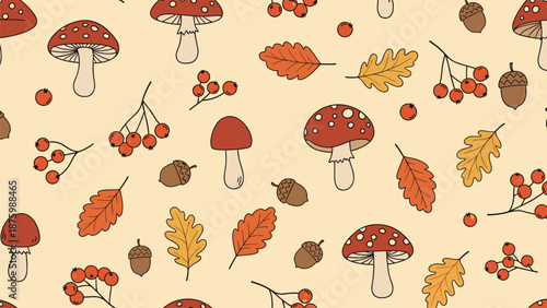 Autumnal seamless pattern featuring red mushrooms and acorns mixed with colorful fallen leaves and berries on a warm beige background.