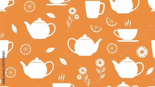 Seamless kitchen pattern with white silhouettes of teapots and cups mixed with orange slices and flowers on a bright orange background.