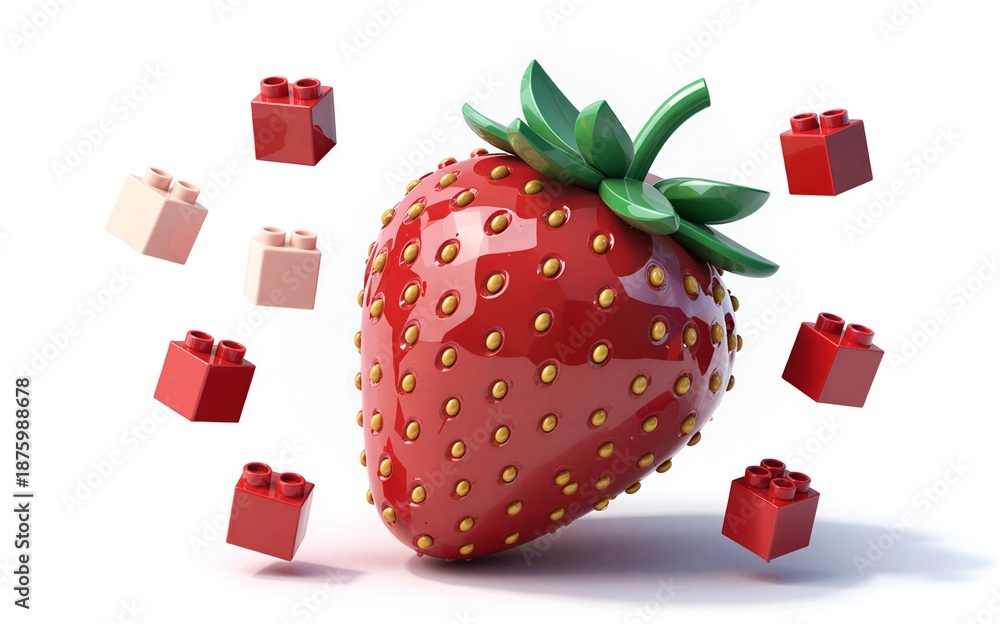 Fototapeta premium Strawberry made of bricks, surrounded by floating red and beige blocks on white background.