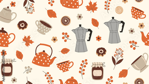 Seamless autumnal pattern with coffee pots and teacups mixed with jam jars and fallen leaves on a light cream background.