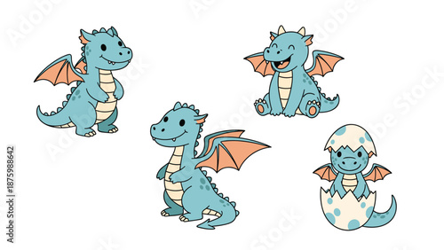 Set of four adorable baby blue dragons in different poses including one sitting in a hatched egg isolated on white.