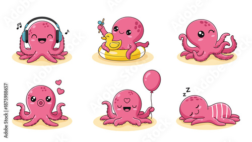 Collection of six cute pink octopus characters enjoying various activities like listening to music and sleeping on the beach.