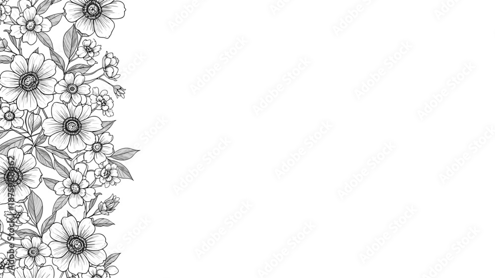 Obraz premium Detailed vertical border of hand drawn black and white wild flowers and leaves on the left side of a white background.