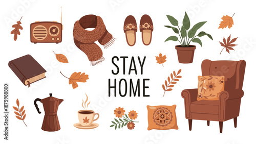 Cozy home interior scene for autumn with a comfortable armchair and warm accessories like a scarf and coffee near the text stay home.
