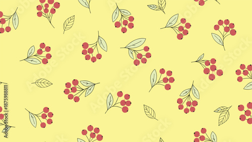 Seamless autumn pattern with red berries and green leaves scattered across a bright warm yellow background.