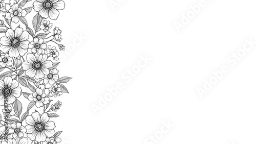 Detailed vertical border of hand drawn black and white wild flowers and leaves on the left side of a white background.