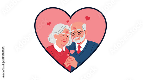Heart shaped frame containing a sweet illustration of an elderly couple holding hands and smiling with small hearts.