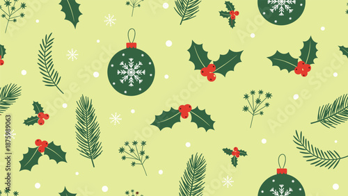 Festive Christmas seamless pattern with green ornaments, red holly berries, pine branches, and white snowflakes on yellow.