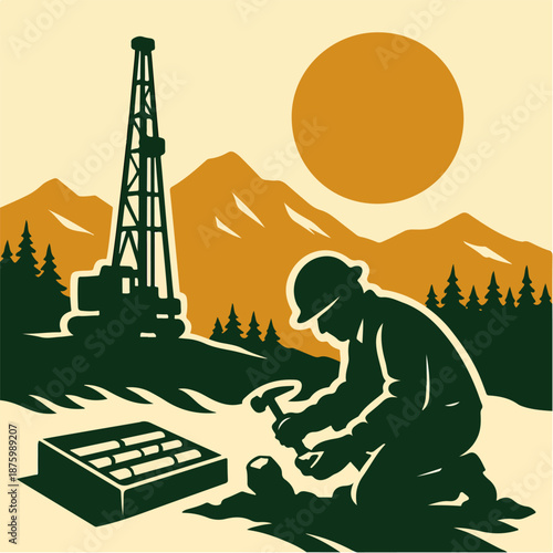 Stylized illustration of an oil drilling worker performing site operations suitable for energy exploration and industrial design themes