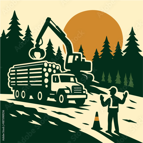 Illustration of a logging truck and forestry operation in mountainous terrain ideal for wood industry transport and industrial themes