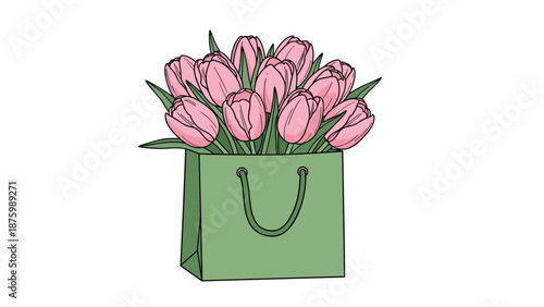 Beautiful bouquet of numerous pink tulips with green leaves arranged in a light green gift bag with handles.