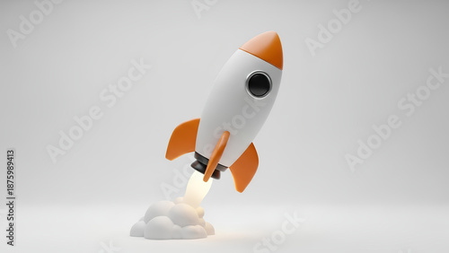 3D render of a cute cartoon rocket launching with smoke on a white background, symbolizing startup business growth, innovation, and success