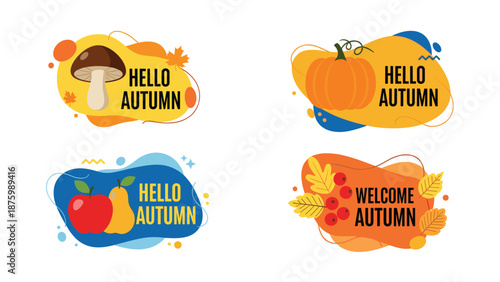 Four colorful autumn themed badges with text hello autumn and welcome autumn featuring pumpkin, mushroom, and fruits.