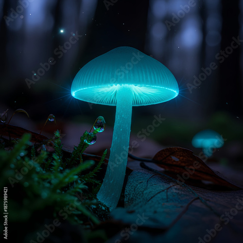 Magical Glowing Blue Mushroom with Bioluminescence in Dark Fantasy Forest Macro Nature Photography