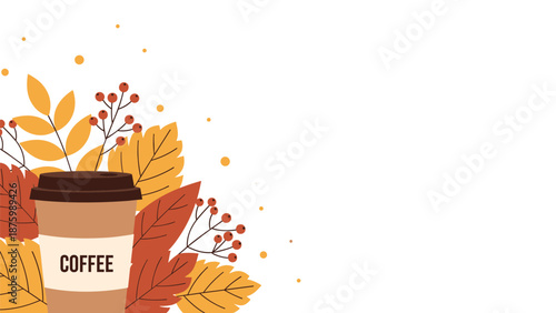Takeaway coffee cup placed against a beautiful decorative background of colorful autumn leaves and berries on white.