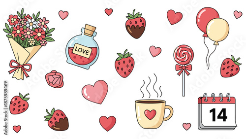 Collection of cute Valentine's Day icons including a flower bouquet, love potion, hearts, strawberries, and a calendar.