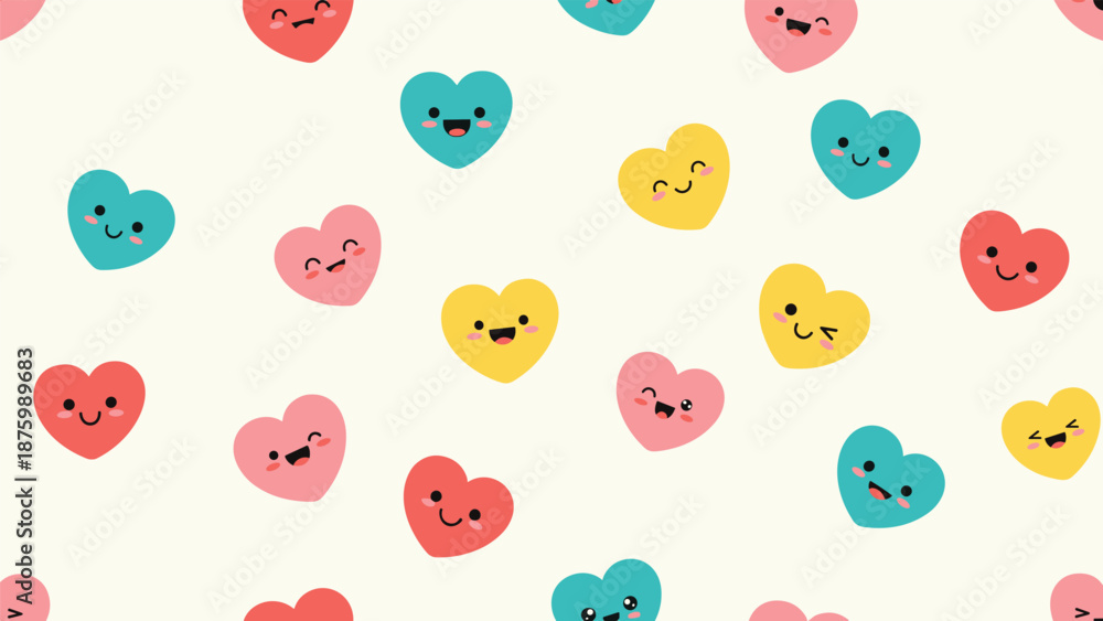 Fototapeta premium Joyful seamless pattern featuring various colorful cartoon hearts with cute faces and different expressions on cream.