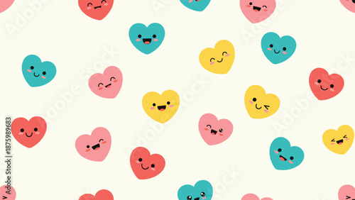 Joyful seamless pattern featuring various colorful cartoon hearts with cute faces and different expressions on cream.